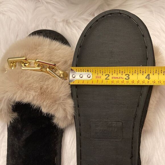 Beige Tan Nude Gold Chain Fur Flat Sandals Slippers Shoes Size 7 - Picture 4 of 5